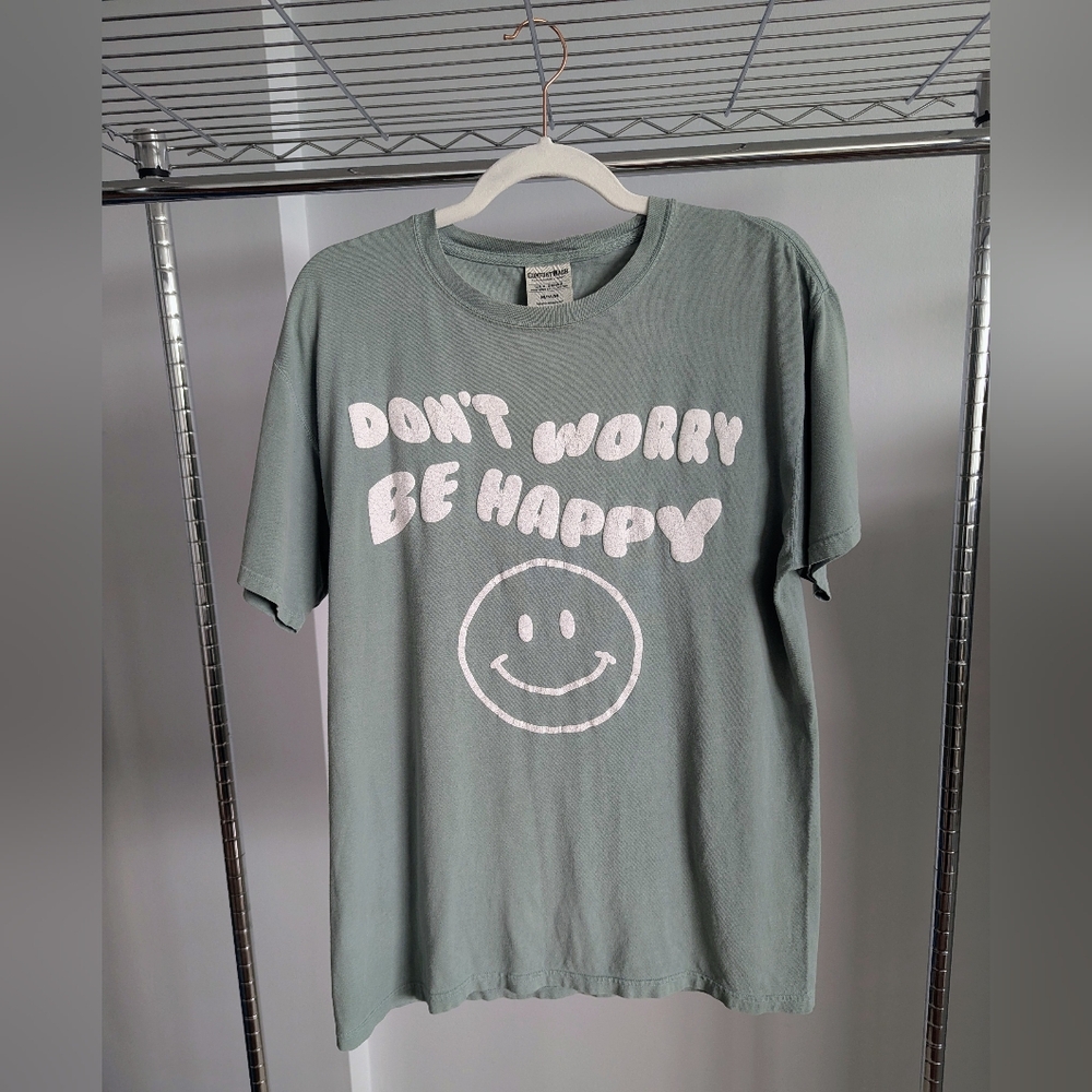 "Don't Worry Be Happy" Puff Ink Oversized Sage Green Smiley Face Tee